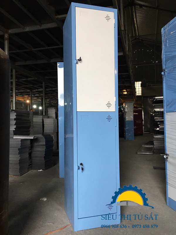 Tủ sắt 2 ngăn một cột màu trắng xanh theo yêu cầu 2