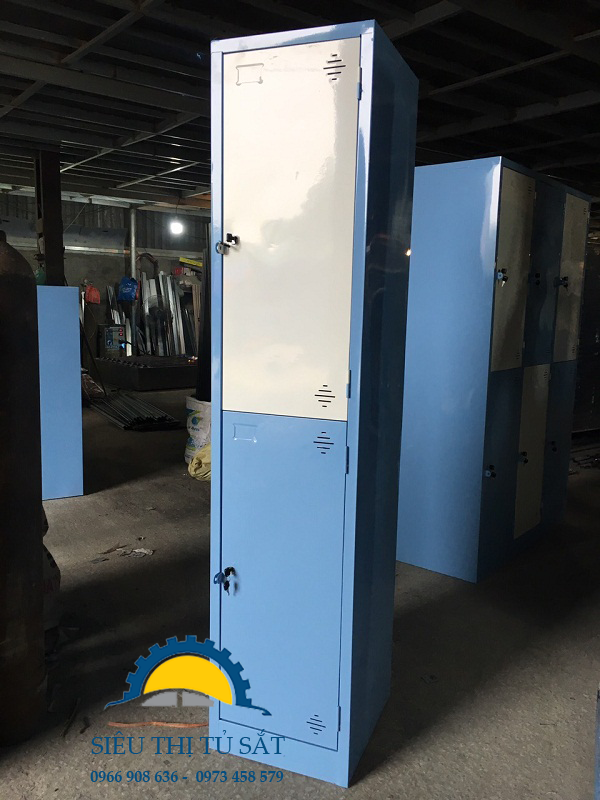 Tủ sắt 2 ngăn một cột màu trắng xanh theo yêu cầu 1