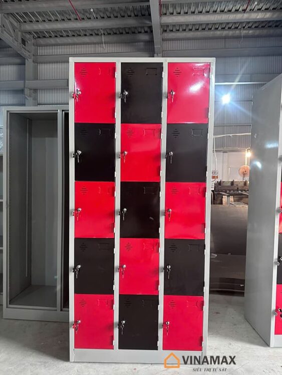 Tủ sắt locker 15 ngăn phối màu đỏ đen