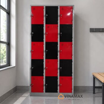 Tủ sắt locker 15 ngăn phối màu đỏ đen