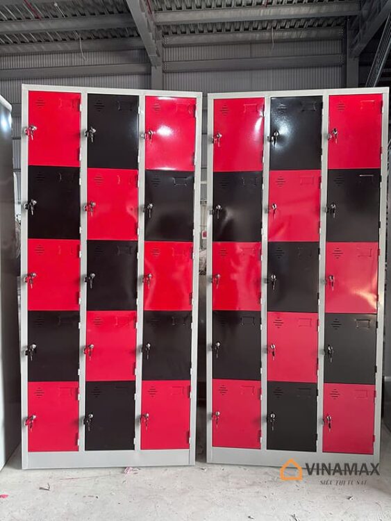 Tủ sắt locker 15 ngăn phối màu đỏ đen